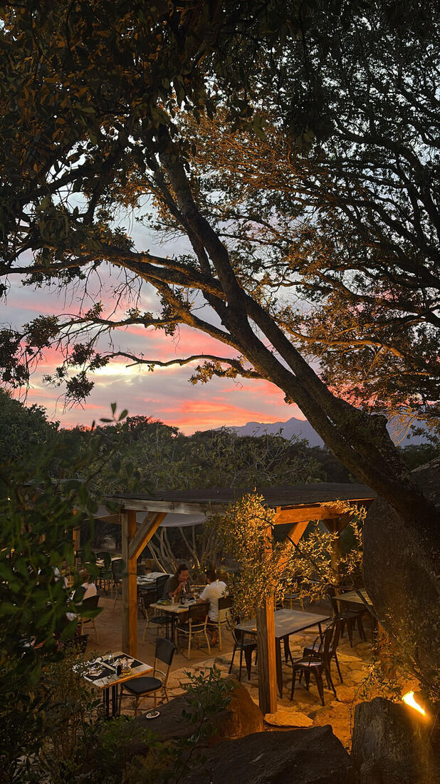 La terrasse d'U Cantonu au coucher du soleil, sous les chênes